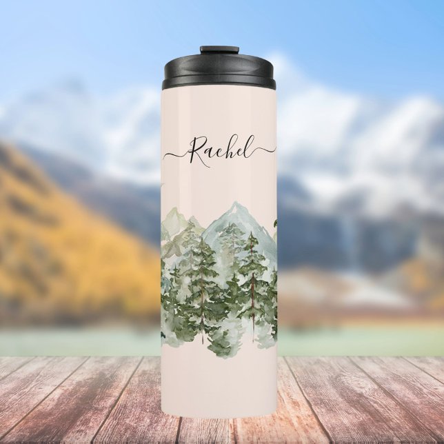 Watercolor Pine Forest and mountain Aesthetic Thermal Tumbler (In situ Outdoor)