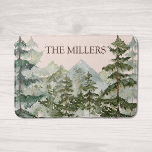 Watercolor Pine Forest and Mountain Rustic Bath Mat