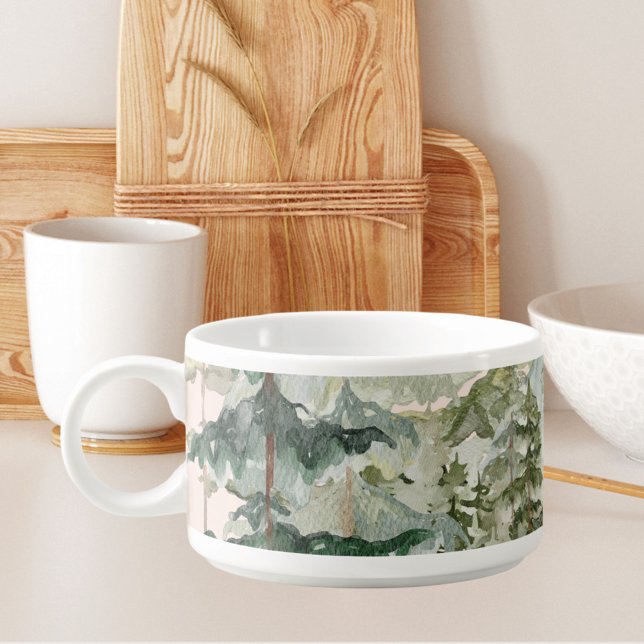 Watercolor Pine Forest and mountain Rustic Bowl (In situ kitchen table)