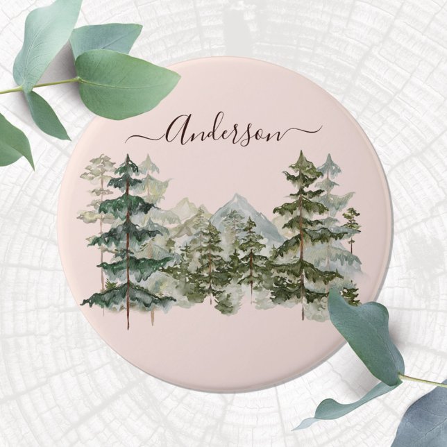 Watercolor Pine Forest and mountain Rustic Button (Close up)