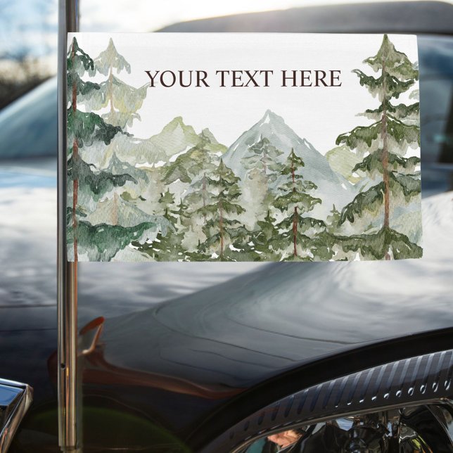 Watercolor Pine Forest and mountain Rustic Car Flag (In situ)