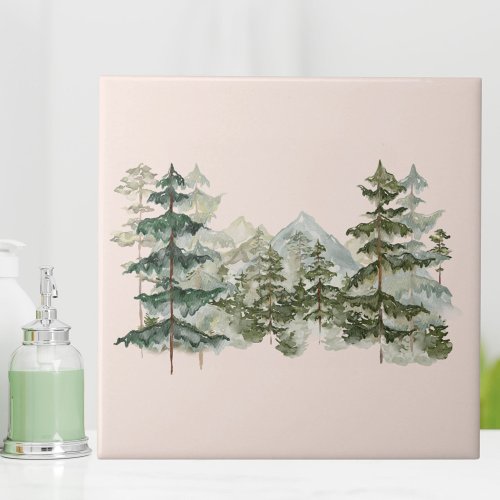 Watercolor Pine Forest and mountain Rustic Ceramic Tile