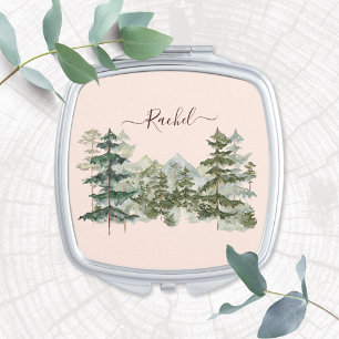 Watercolor Pine Forest and mountain Rustic Compact Mirror