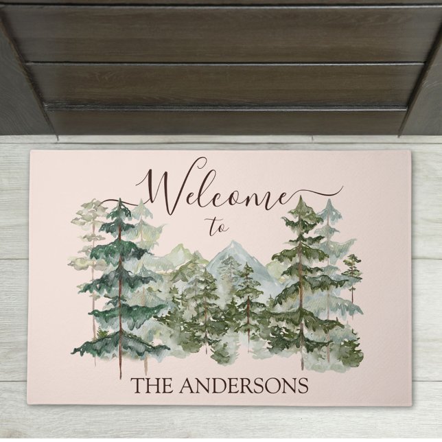Watercolor Pine Forest and mountain Rustic Doormat (In situ)