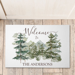 Watercolor Pine Forest and mountain Rustic Doormat
