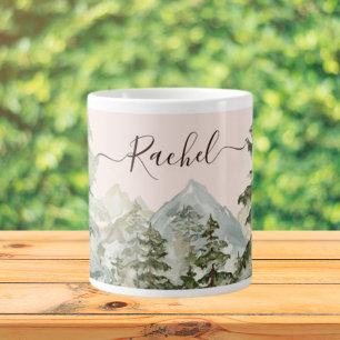 Watercolor Pine Forest and mountain Rustic Giant Coffee Mug