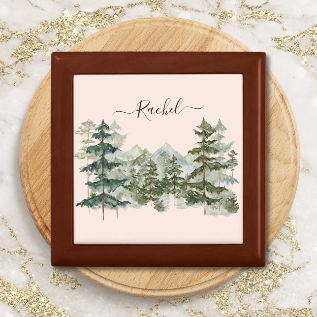 Watercolor Pine Forest and mountain Rustic Gift Box (Close up)