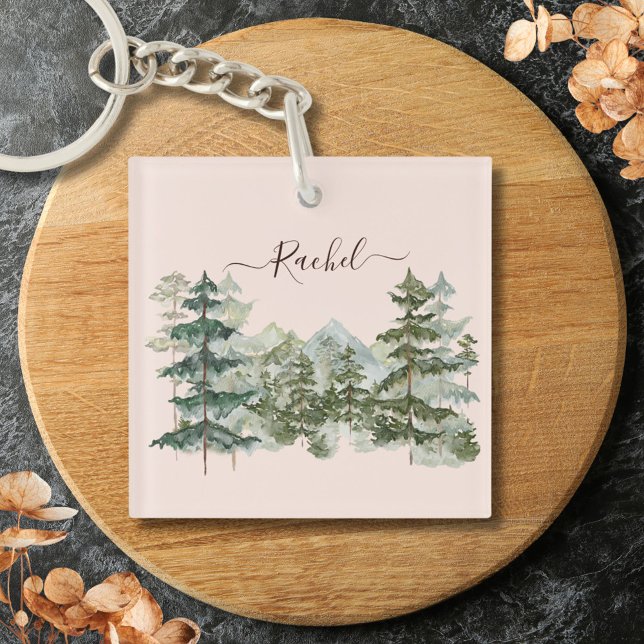 Watercolor Pine Forest and mountain Rustic Keychain (In situ)