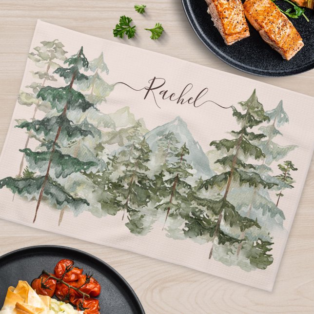 Watercolor Pine Forest and mountain Rustic Kitchen Towel (In situ Kitchen table)