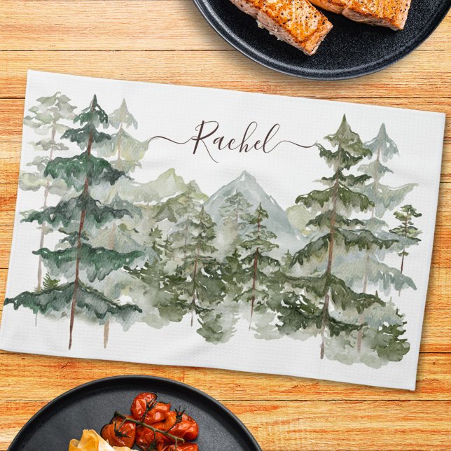 Watercolor Pine Forest and mountain Rustic Kitchen Towel (In situ)