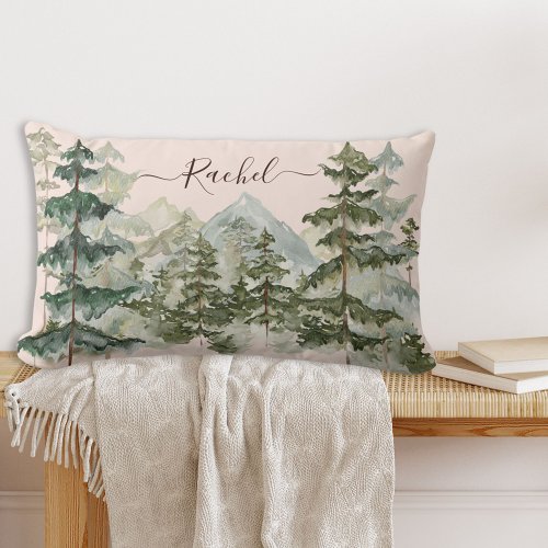 Watercolor Pine Forest and mountain Rustic Lumbar Pillow