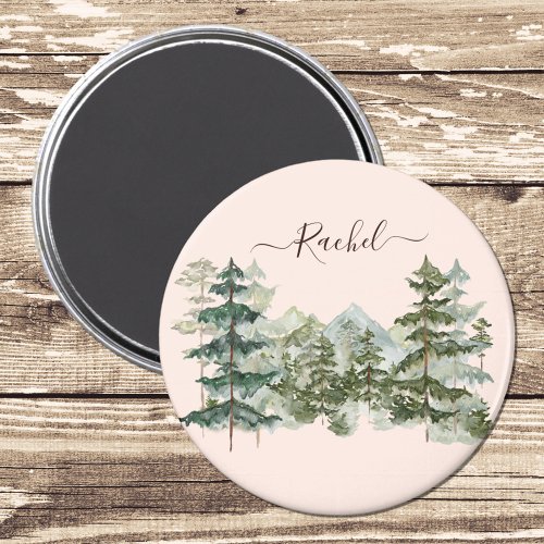 Watercolor Pine Forest and mountain Rustic Magnet