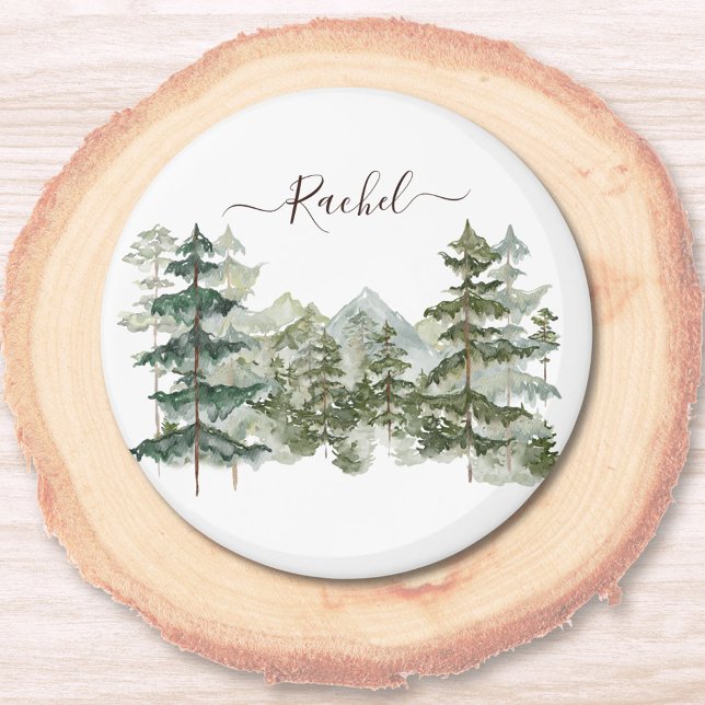 Watercolor Pine Forest and mountain Rustic Magnet (In situ)
