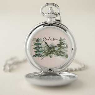 Watercolor Pine Forest and mountain Rustic Pocket Watch