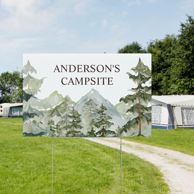Watercolor Pine Forest and mountain Rustic Sign (In situ)