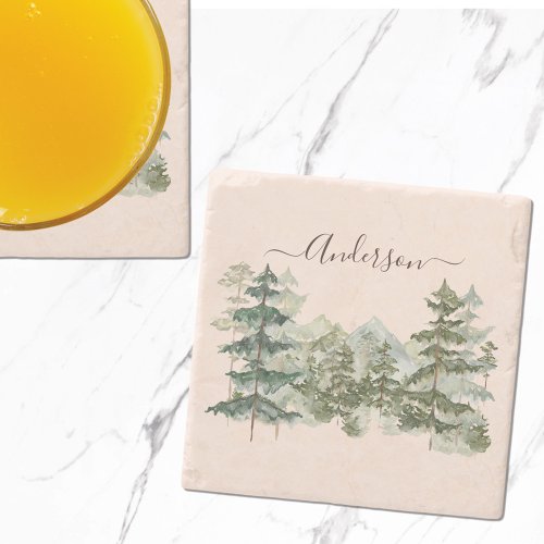 Watercolor Pine Forest and mountain Rustic Stone Coaster