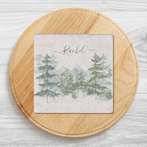 Watercolor Pine Forest and mountain Rustic Stone Magnet