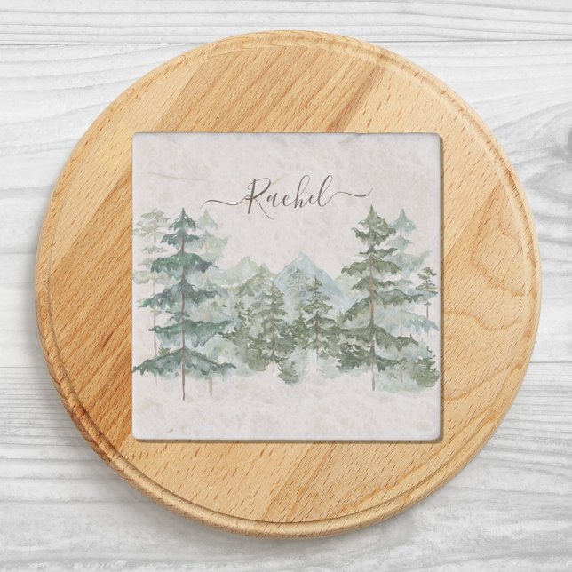 Watercolor Pine Forest and mountain Rustic Stone Magnet (Close up)