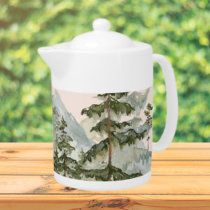 Watercolor Pine Forest and mountain Rustic Teapot