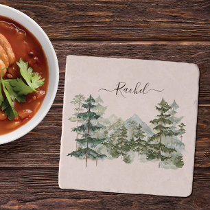 Watercolor Pine Forest and mountain Rustic Trivet