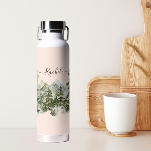Watercolor Pine Forest and Mountain Rustic Water Bottle