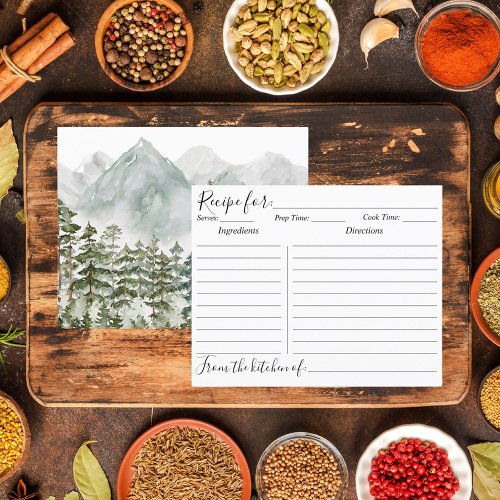 Watercolor Pine Forest and Mountains Recipe Card