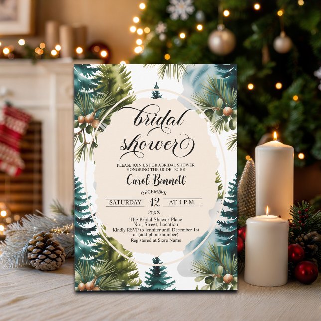 Watercolor Pine Forest Elegant Bridal Shower Invitation (Creator Uploaded)