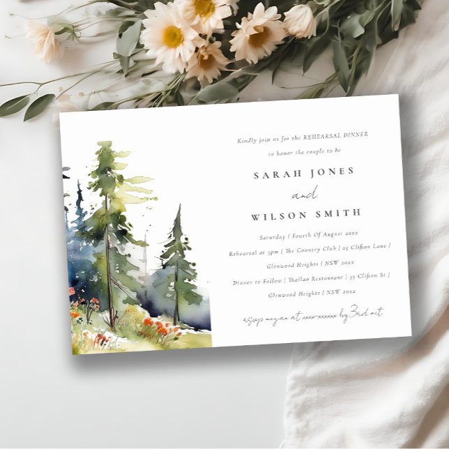 Watercolor Pine Forest Landscape Rehearsal Dinner Invitation (Creator Uploaded)