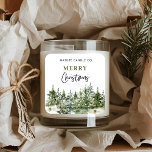 Watercolor Pine Forest Merry Christmas Candle  Square Sticker<br><div class="desc">Celebrate the magic of nature this season with this watercolor pine forest Christmas candle label. Featuring a hand-painted evergreen tree design with softly falling snow and elegant “Merry Christmas” lettering, this label brings a fresh, rustic charm to your holiday collection. Perfect for seasonal soy candles, holiday décor, or thoughtful gifts,...</div>