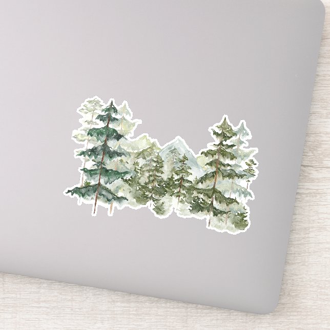 Watercolor Pine Forest Mountain Rustic Aesthetic Sticker (Detail)