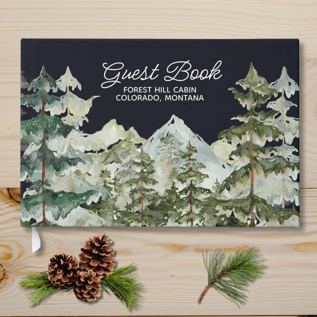 Watercolor Pine Forest Mountain Rustic Foil Guest Book (Close up)