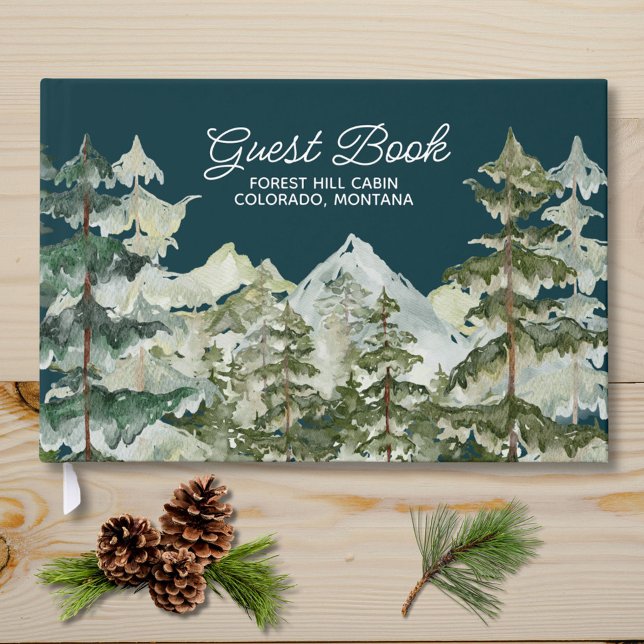 Watercolor Pine Forest Mountain Rustic Foil Guest Book (Close up)