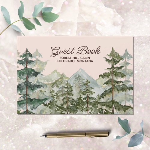 Watercolor Pine Forest Mountain Rustic Guest Book