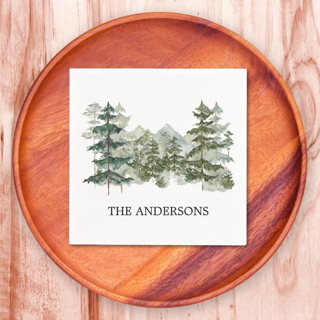 Watercolor Pine Forest & Mountain Rustic Napkins (In situ)