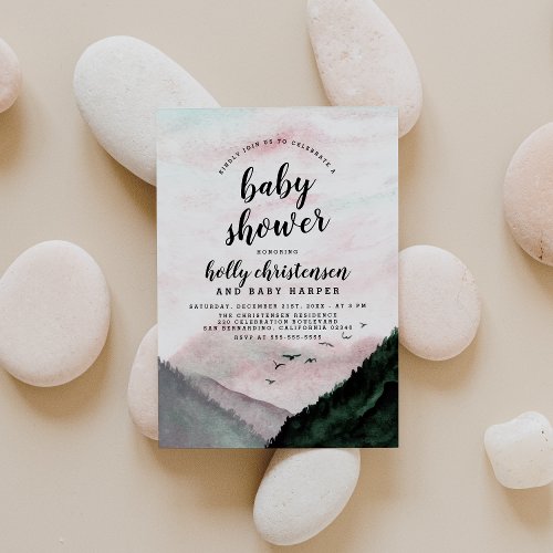 Watercolor Pine Forest  Mountains Baby Shower Invitation