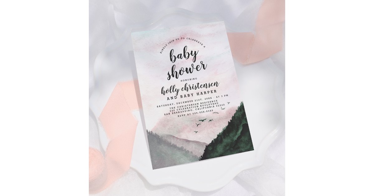 Watercolor Pine Forest & Mountains Baby Shower Invitation | Zazzle