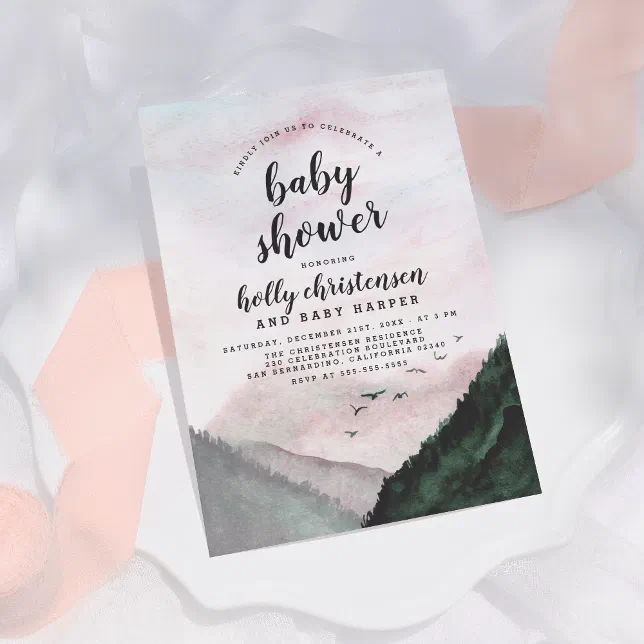 Watercolor Pine Forest & Mountains Baby Shower Invitation | Zazzle