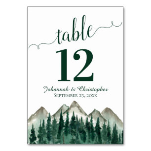 Watercolor Pine Forest & Mountains Rustic Wedding Table Number