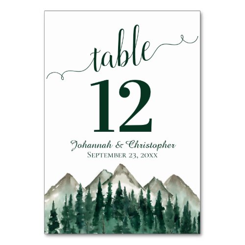 Watercolor Pine Forest  Mountains Rustic Wedding Table Number