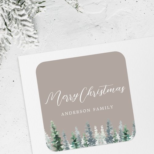 Watercolor Pine Forest on Brown Christmas Gift Square Sticker