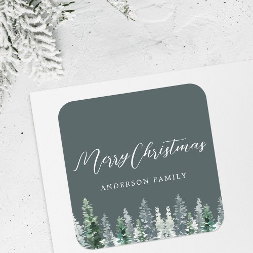 Watercolor Pine Forest on Dark Sage Christmas Gift Square Sticker