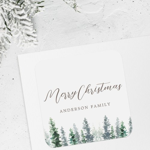 Watercolor Pine Forest on Gray Christmas Gift Square Sticker