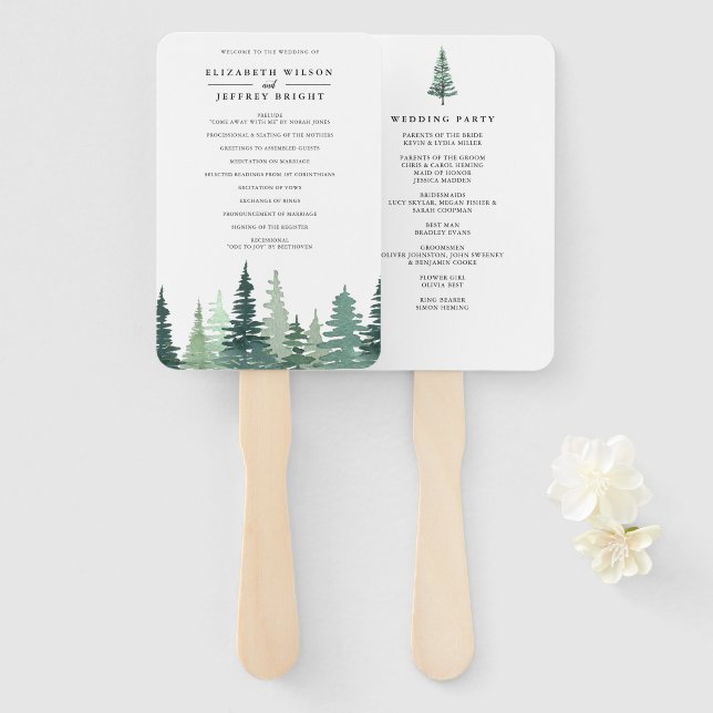 Watercolor Pine Forest Winter Wedding Program Hand Fan (Front and Back)