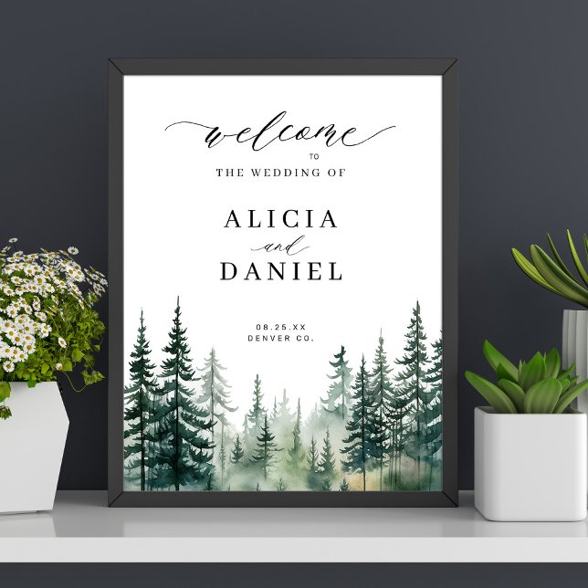 Watercolor pine forest winter wedding welcome sign (Creator Uploaded)