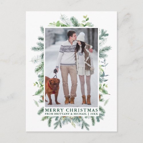 Watercolor Pine Frame Couple Christmas Green Postcard