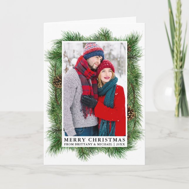 Watercolor Pine Frame Couple Photo Fold Holiday Card (Front)