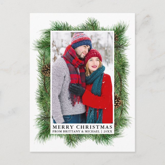 Watercolor Pine Frame Couple Photo Holiday Postcard (Front)
