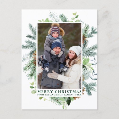 Watercolor Pine Frame Family Christmas Green Postcard