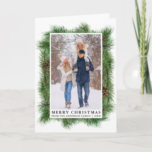 Watercolor Pine Frame Family Photo Fold Holiday Card