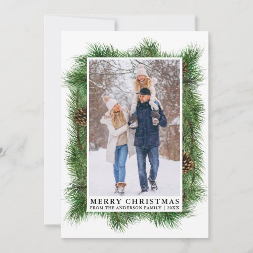 Watercolor Pine Frame Family Photo Holiday Card